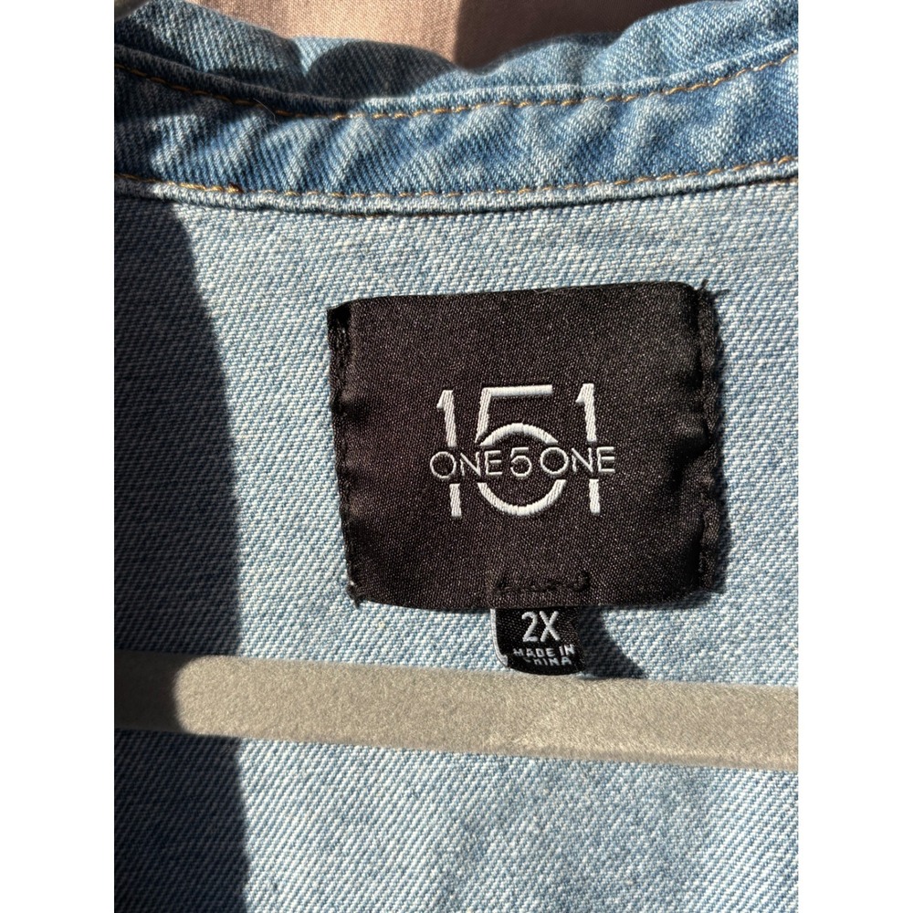 One5One Denim Jacket 100% Cotton Plus 2X Frayed Raw Hem Button Front Shirt - Picture 11 of 11